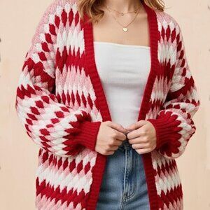 SILK & LACE Valentine's Day Chunky Knit Cardigan Red Pink White